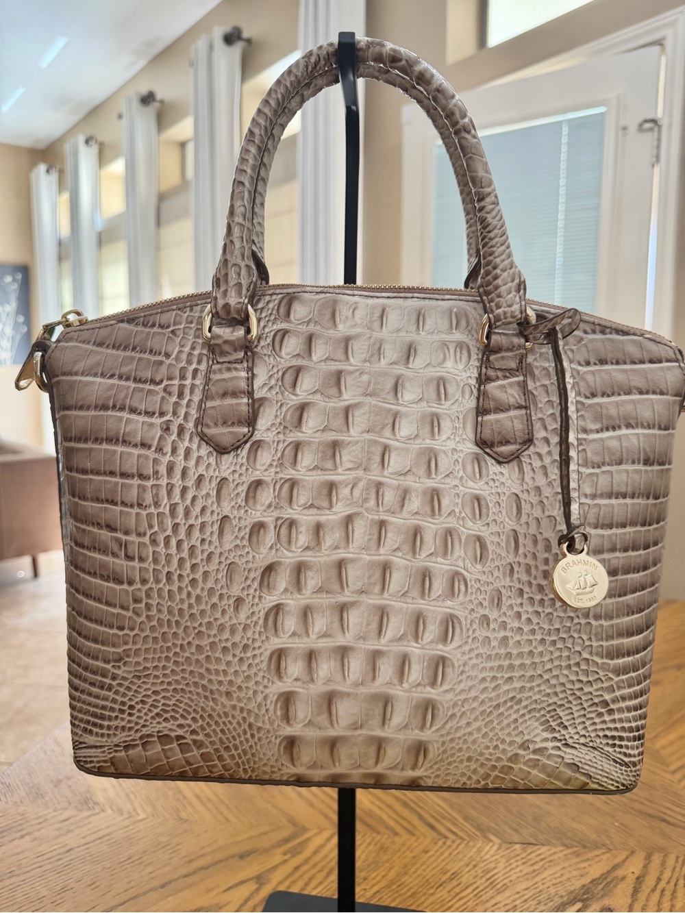 EUC Brahmin Y2K Pearlized Taupe Melbourne Croc-Embossed Leather Satchel Bag